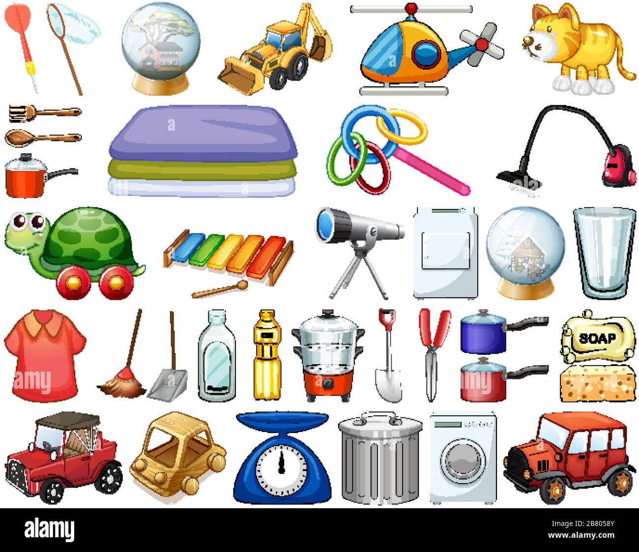 Large Set Of Household Items And Many Toys On White Background