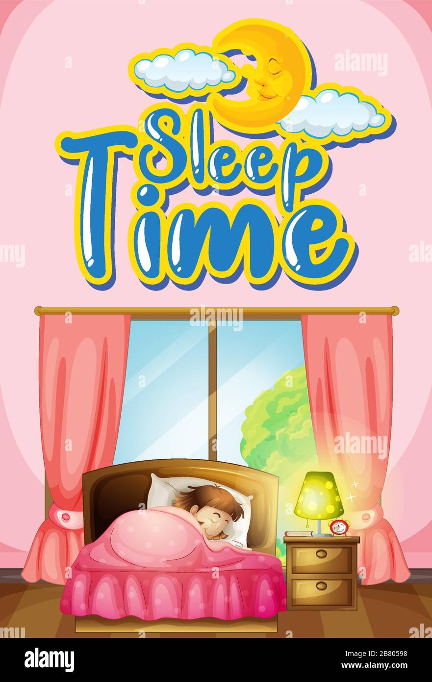 Font design for word sleep time with girl sleeping in bed illustration