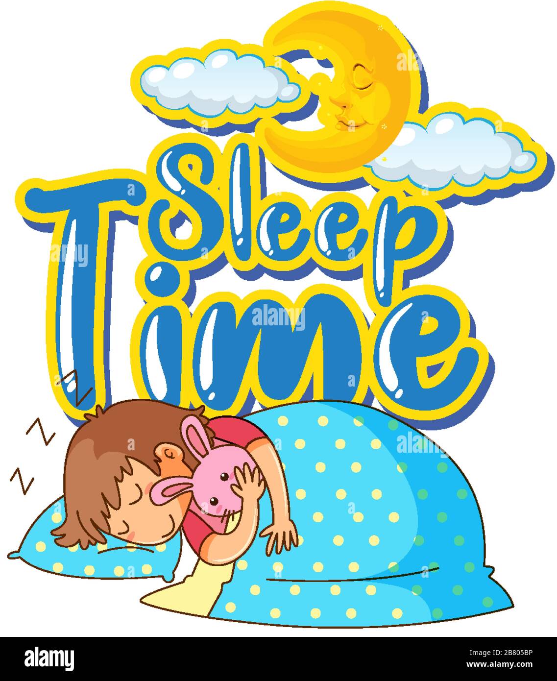 Font design for word sleep time with kid sleeping in bed illustration