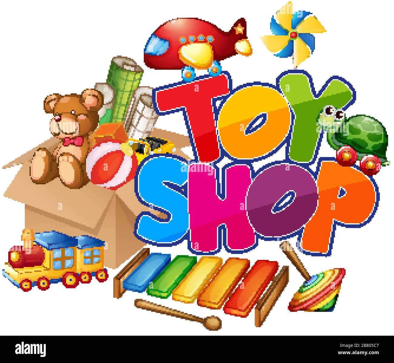 Font design for word toy shop with many toys on white background