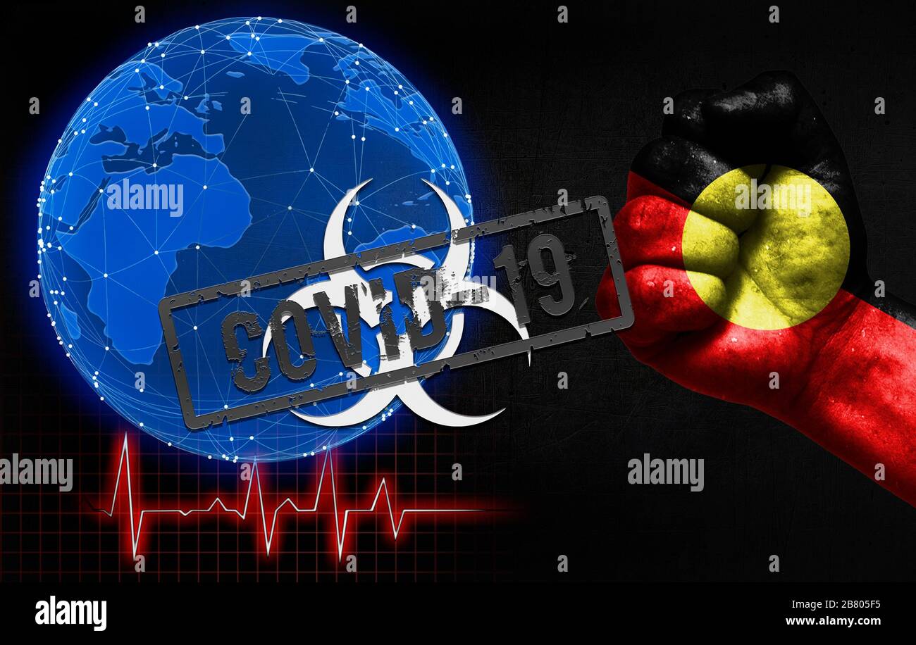 A new coronavirus disease called Covid-19 in Australian Aboriginal, with a male fist shown and a country flag. Coronavirus disease control concept in Stock Photo