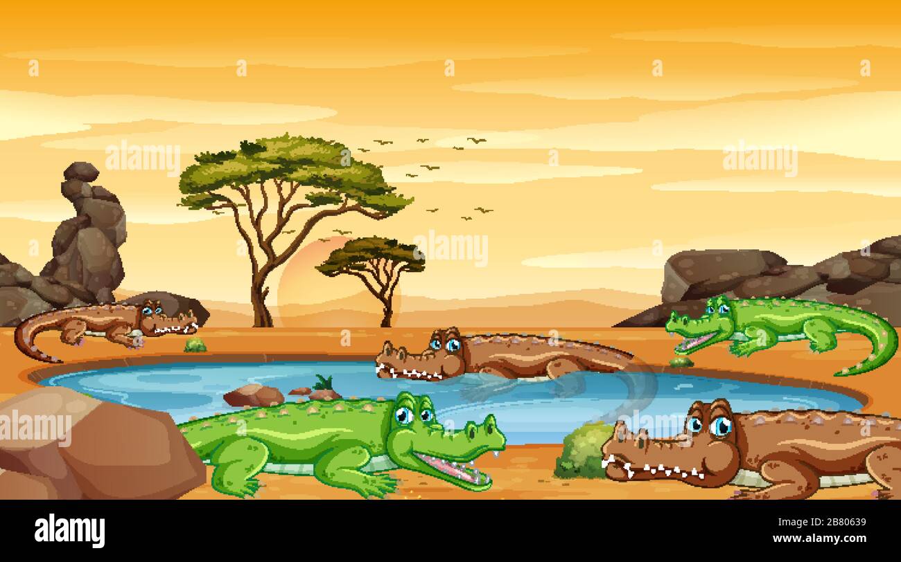 Scene with crocodiles in the pond illustration Stock Vector Image & Art ...