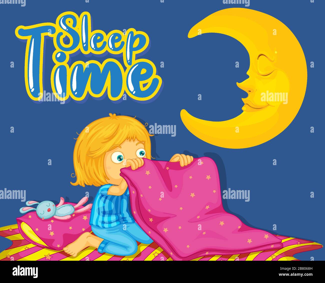 Font design for word sleep time with girl sleeping at night