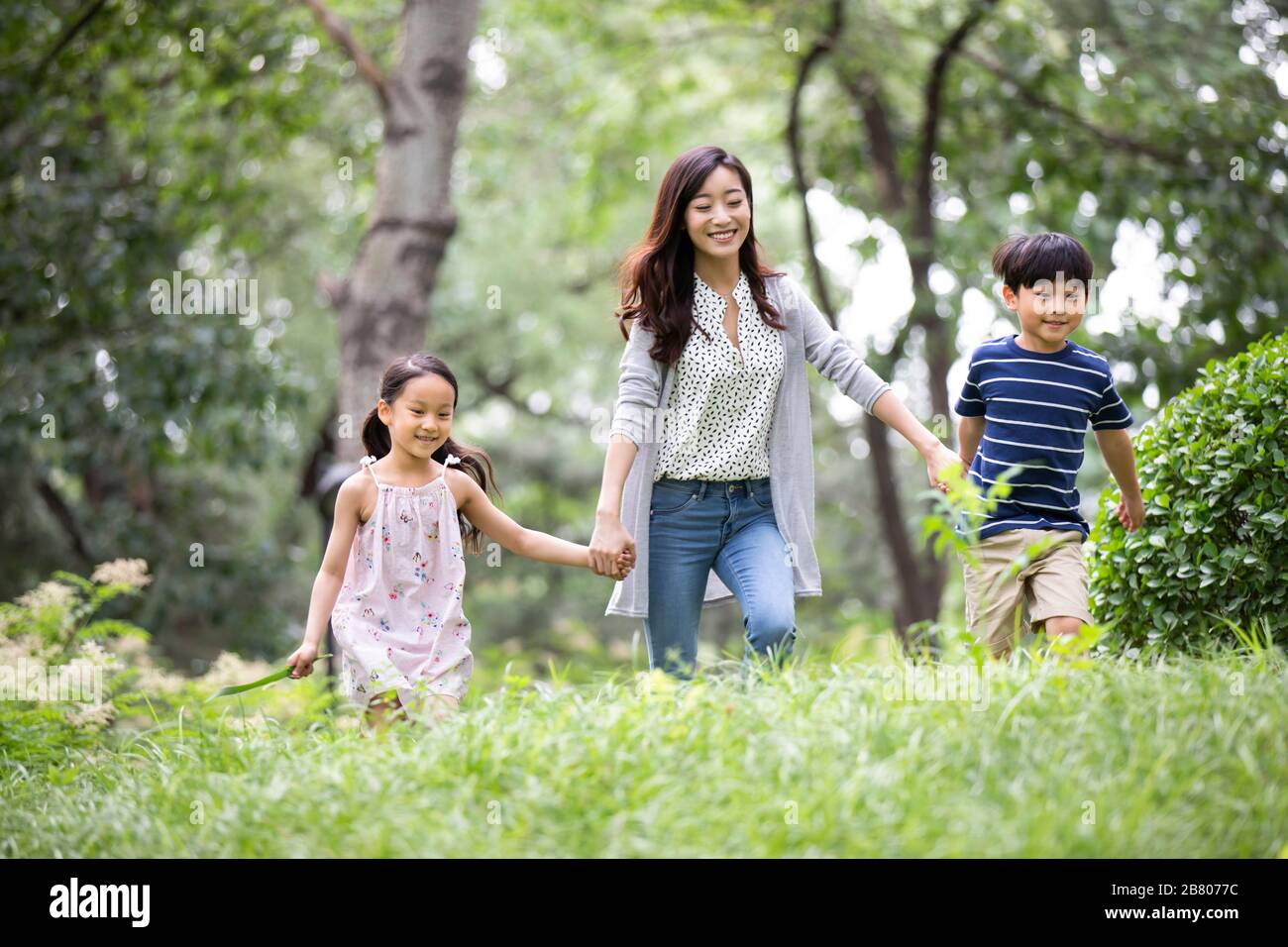 Happy young Chinese family running on grass Stock Photo - Alamy