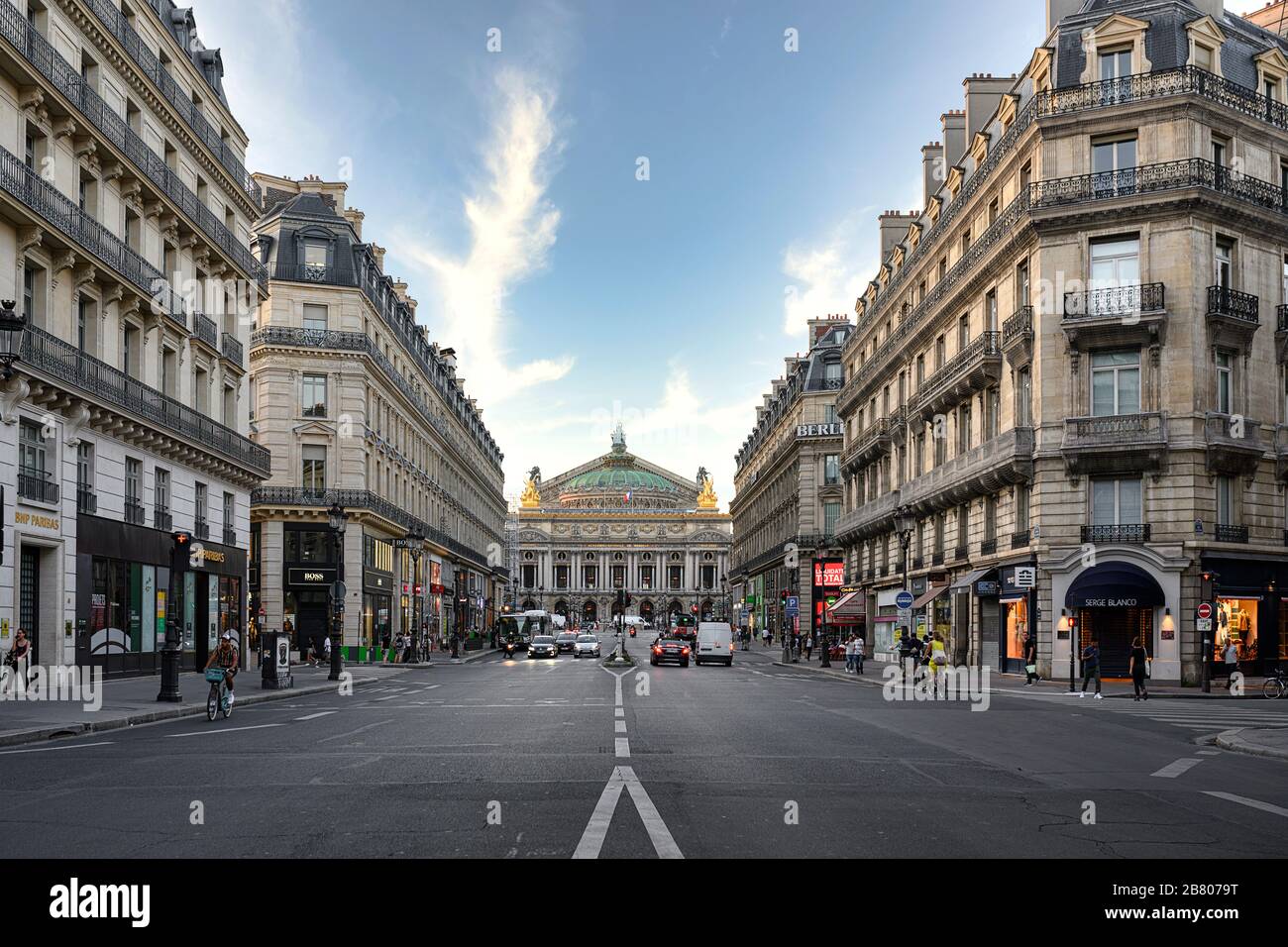 The scenic street view of the Palais Garnier Opera house in Paris Stock Photo