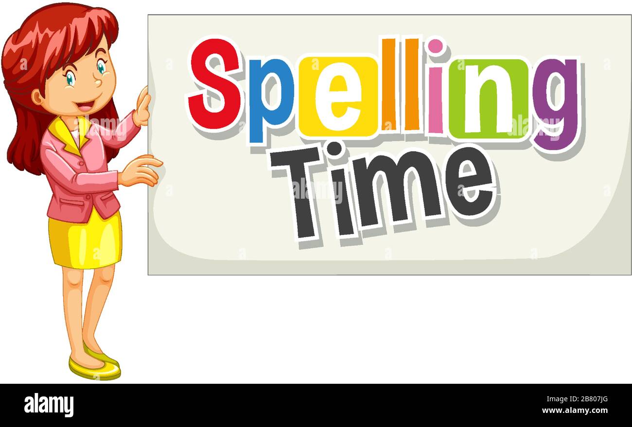 Font design for word spelling time with woman holding the sign