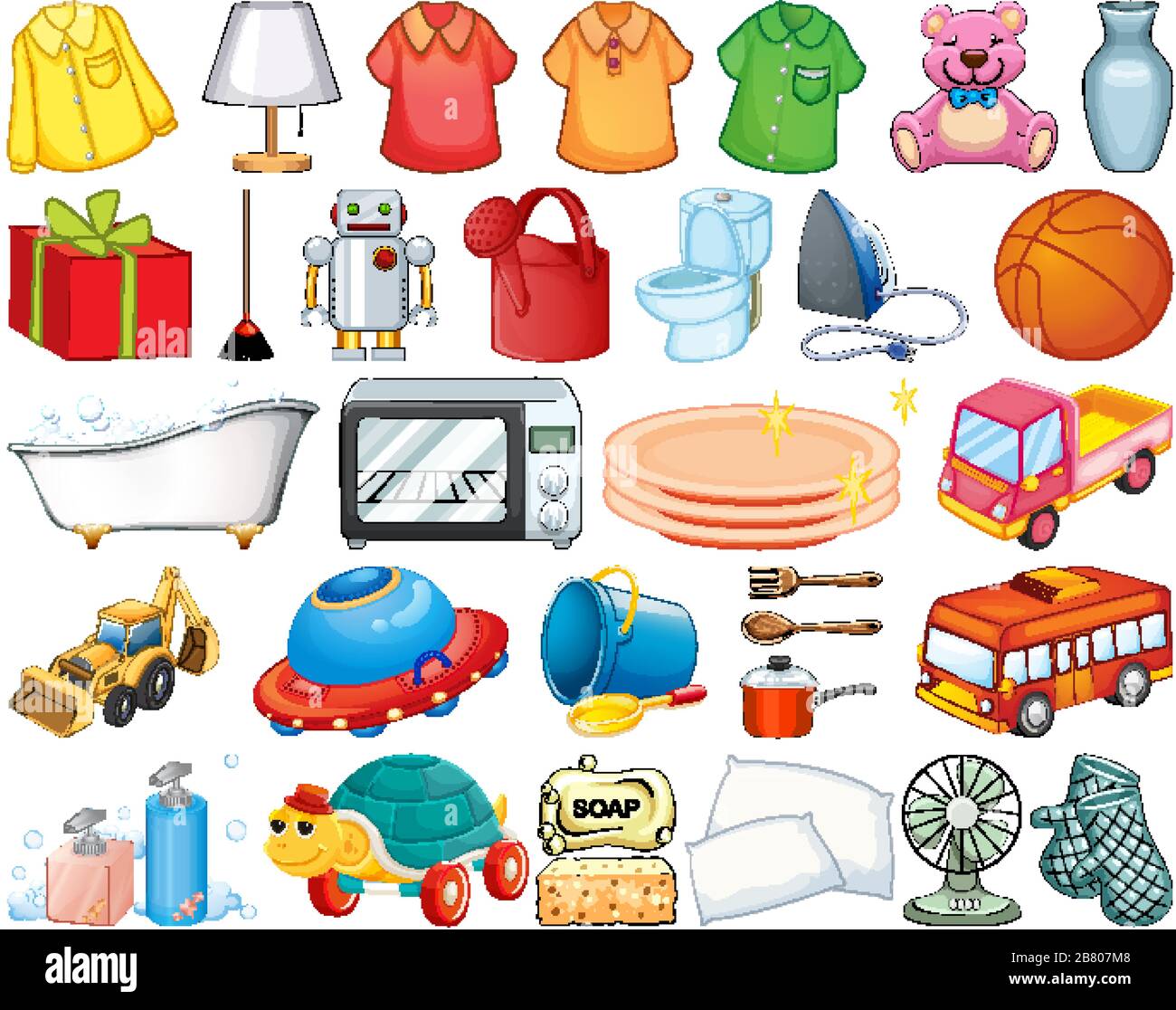 Large set of household items and toys on white background illustration