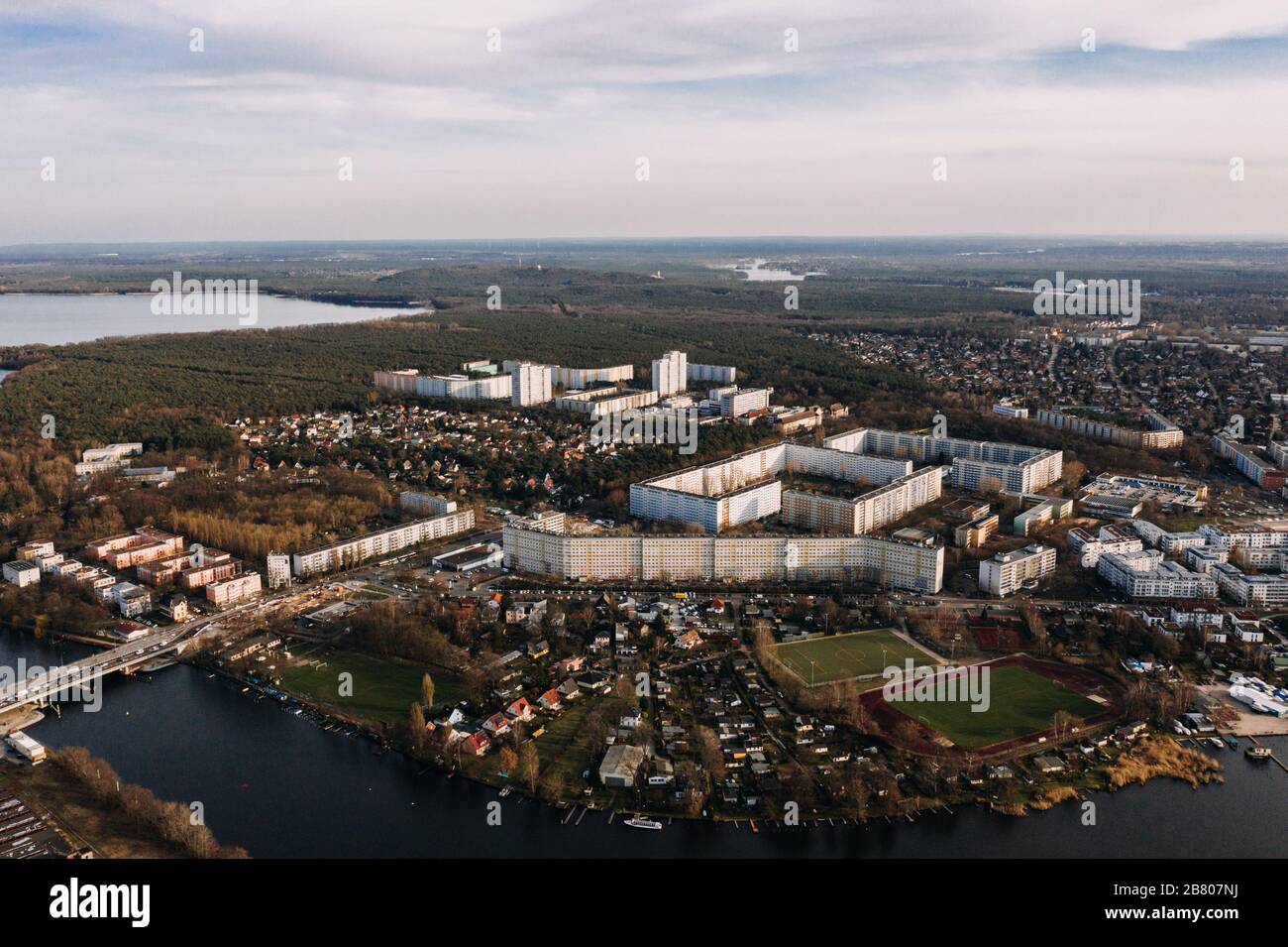 wideangle aerial drone shot of Berlin Treptow-Kopenick Stock Photo