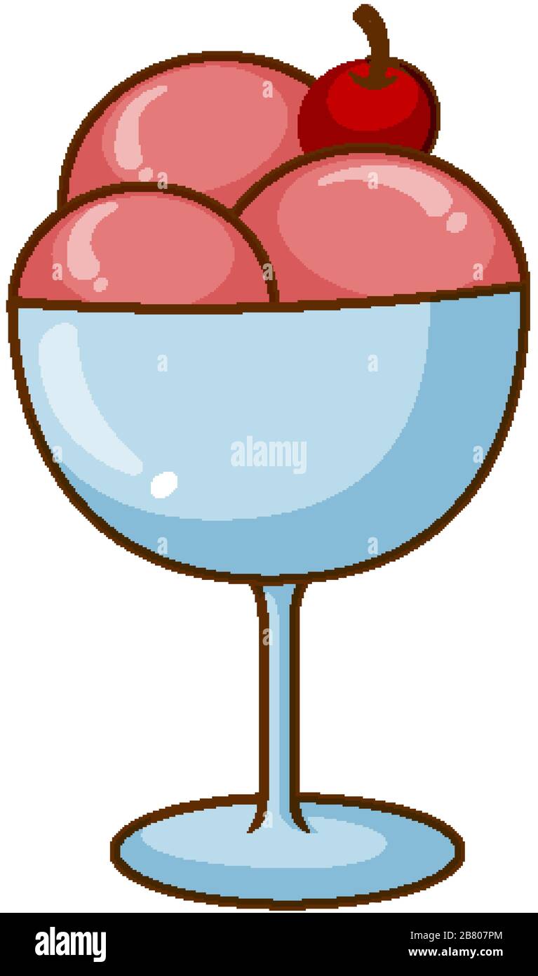 One bowl of strawberry ice cream with cherry on top illustration Stock ...