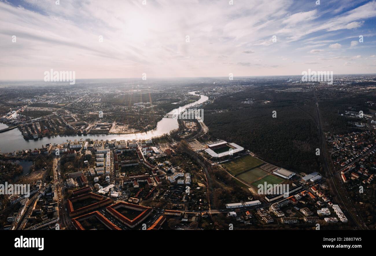 aerial drone shot of Berlin Kopenick with stadium of soccer team FC Eisern Union Stock Photo