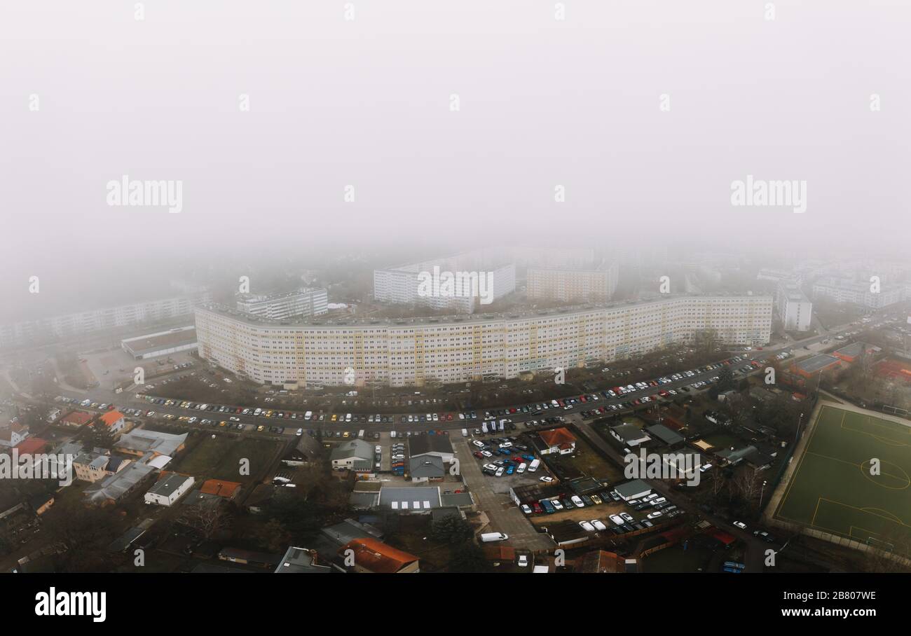 wideangle aerial drone shot in foggy cloudy weather, Berlin Treptow-Kopenick Stock Photo