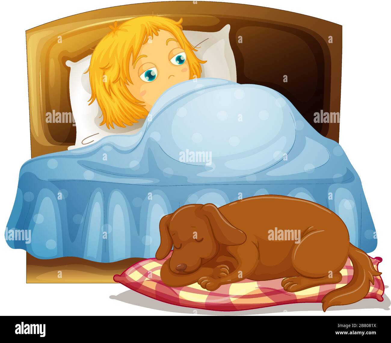 Scene with little girl sleeping in bed with pet dog illustration Stock ...