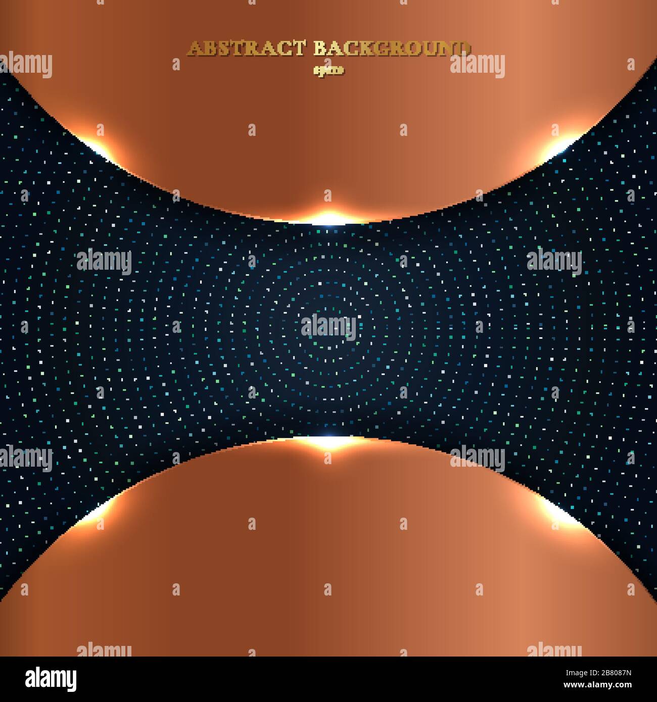 Abstract copper shiny metallic circle with particles elements on dark blue background. Vector illustration Stock Vector