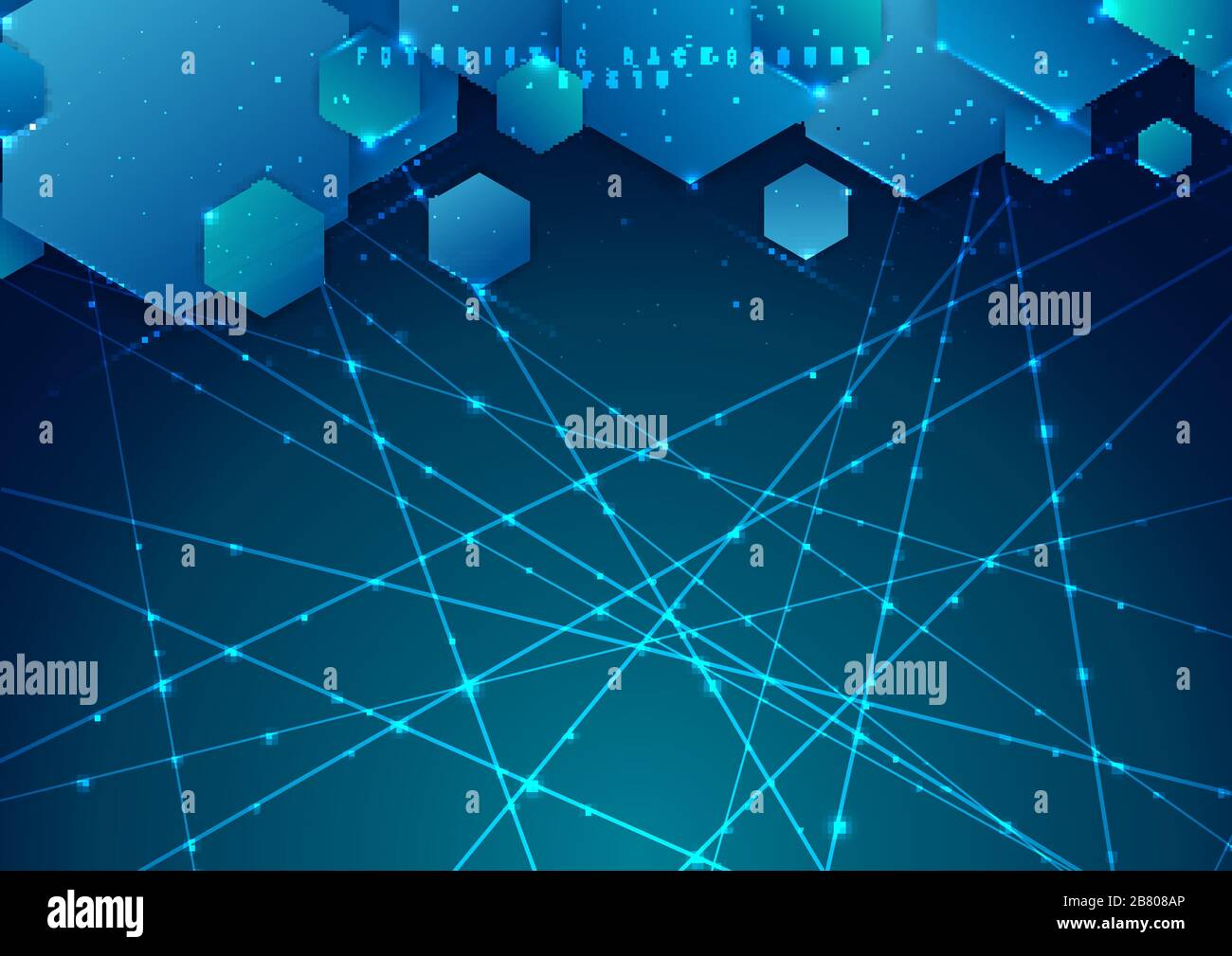 Abstract blue background geometric hexagon overlapping with laser line ...