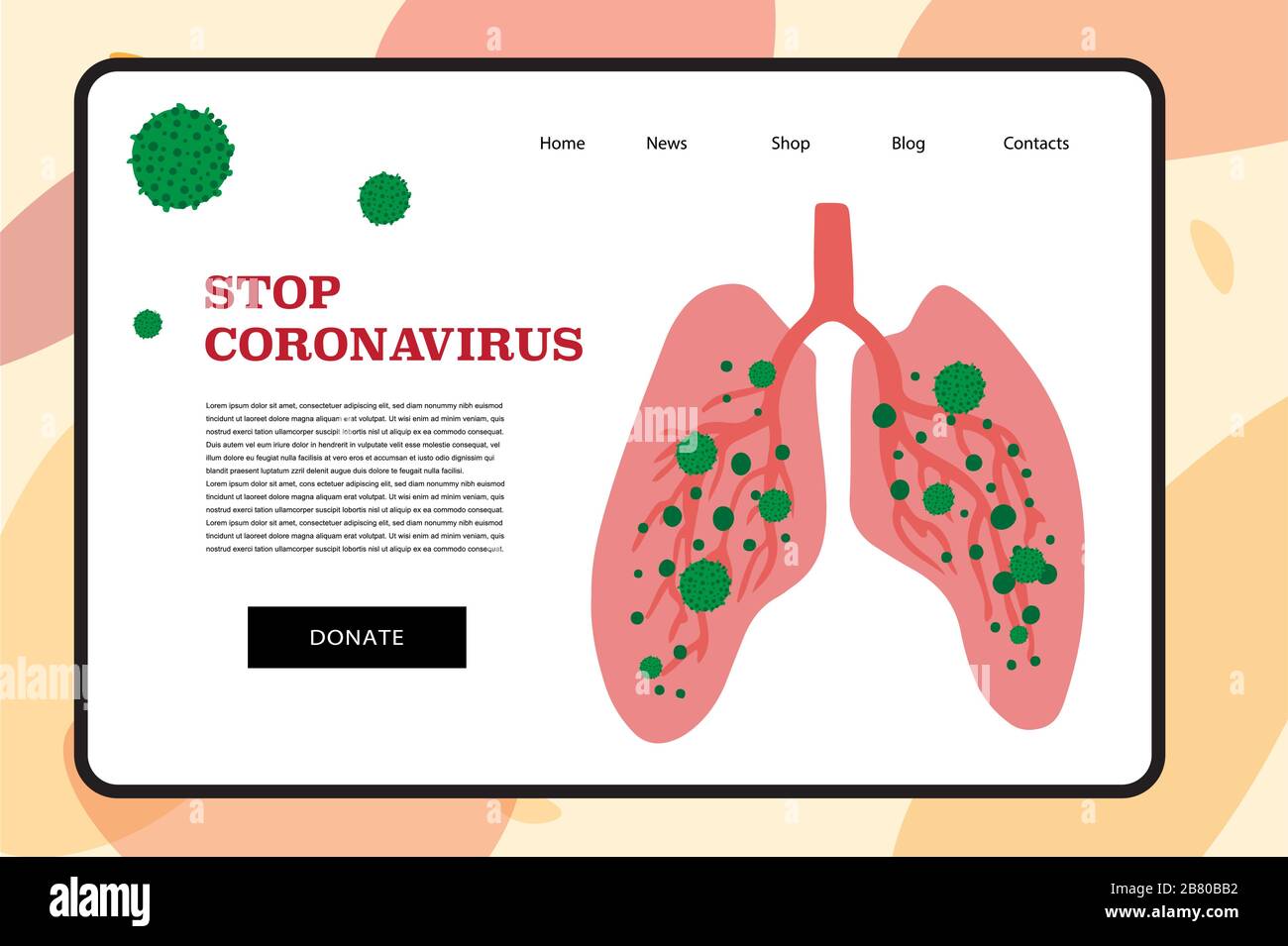 Caution site for coronavirus 2019-nC0V outbreak. Stop pandemic COVID-19 microbe. The virus attacks the respiratory tract, infections medical health risk. Travel Alert concept. Flat cartoon style Stock Vector