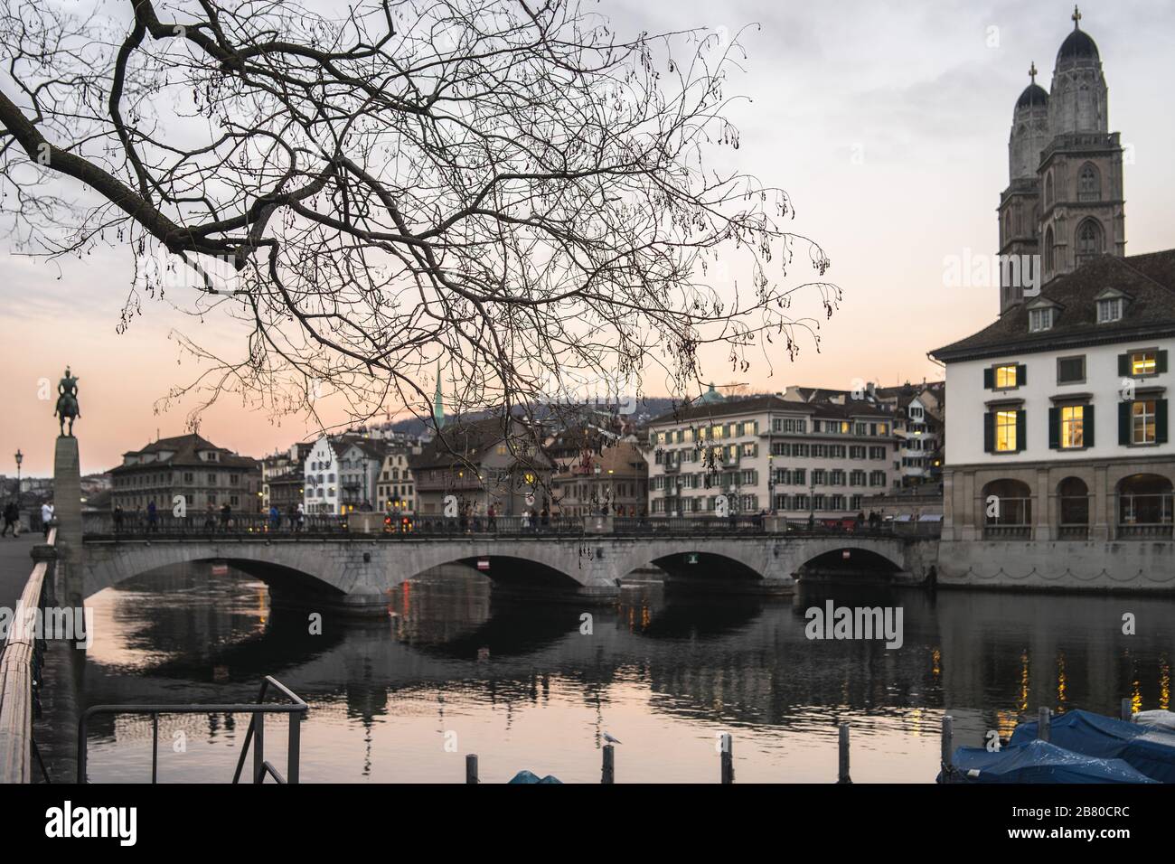 Zurich, Switzerland with Munsterbrucke bridge over Limmat river Stock