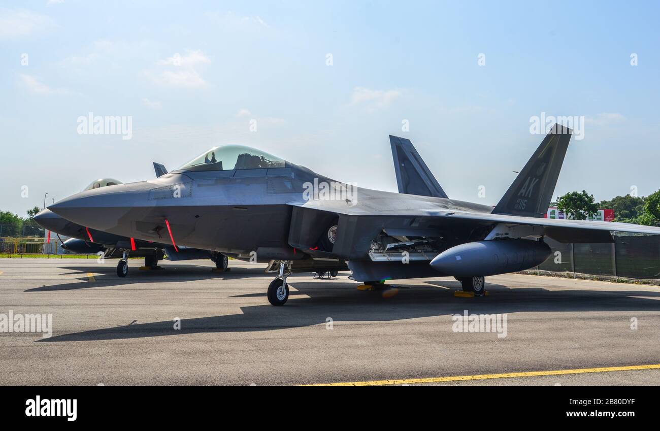 Singapore - Feb 10, 2018. USAF F-22 Raptor standing for display in Changi, Singapore. Defense costs are increasing, especially in East Asia. Stock Photo
