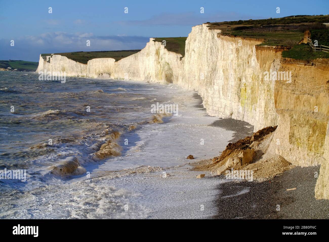 Cliff erosion causing rock falls along the Sussex coast near Birling Gap. Stock Photo