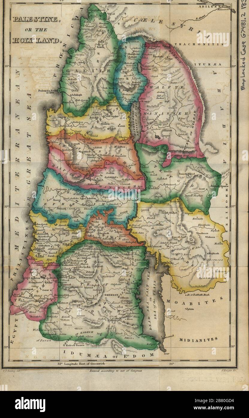 Biblical Map of Palestine or the Holy land from 1834 with the division of the Land among the Tribes of Israel Stock Photo