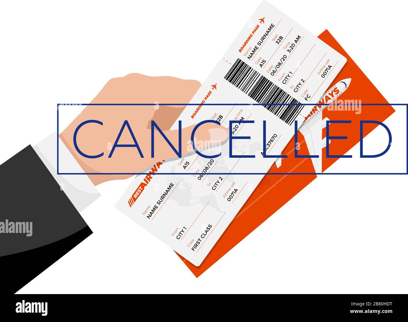 Flight cancelled with hand holding flight ticket boarding pass and cancellation stamp. Air travel document return concept flat vector illustration Stock Vector