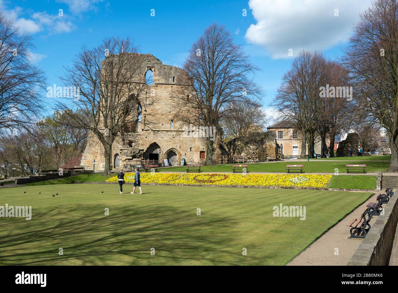 Spring view of gardens and keep keep of Knaresborough Castle, once a medieval fortress, now a popular visitor attraction in this Yorkshire town Stock Photo