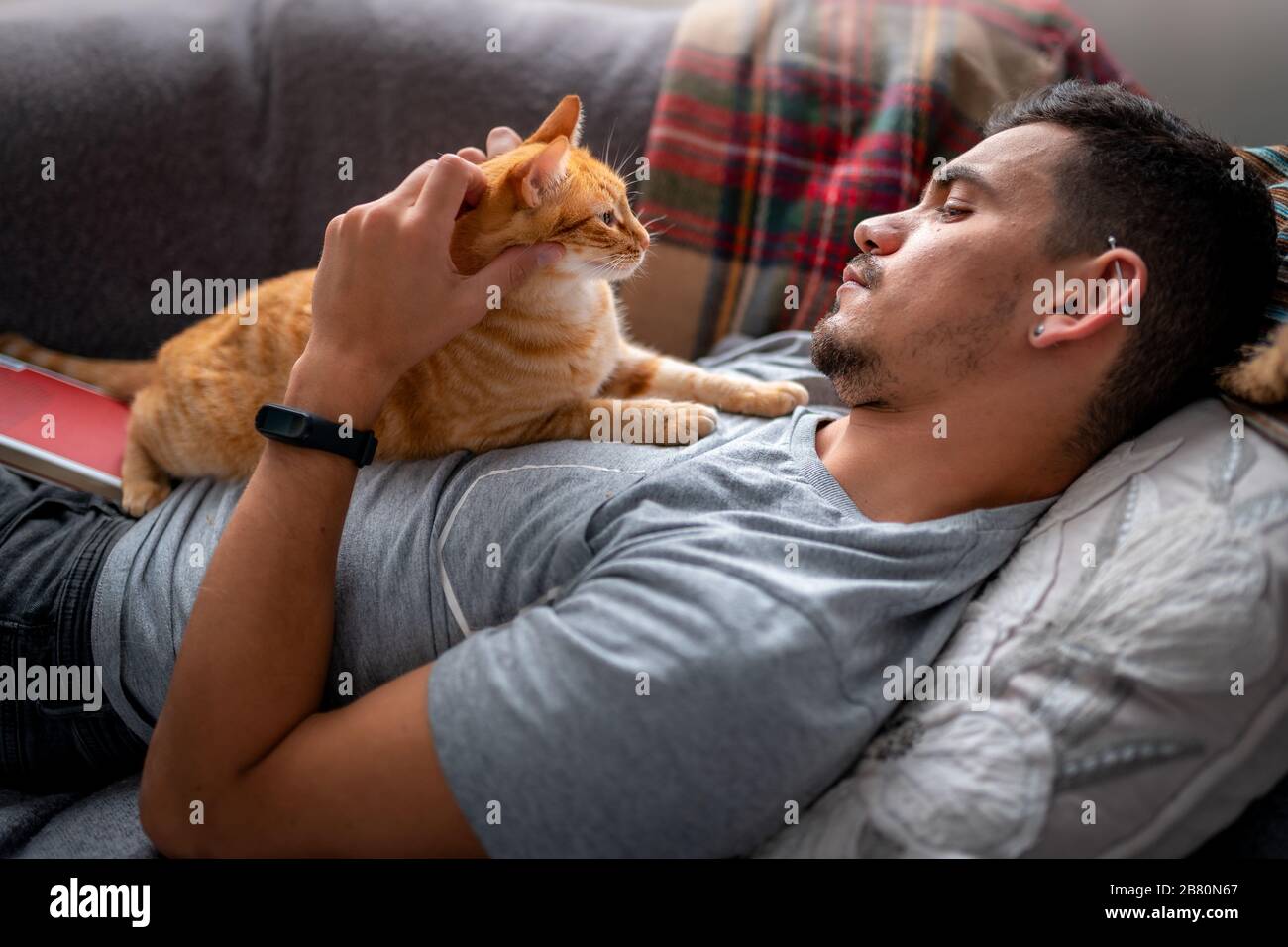 tabby cat lies on the chest of a young man lying on the sofa under the