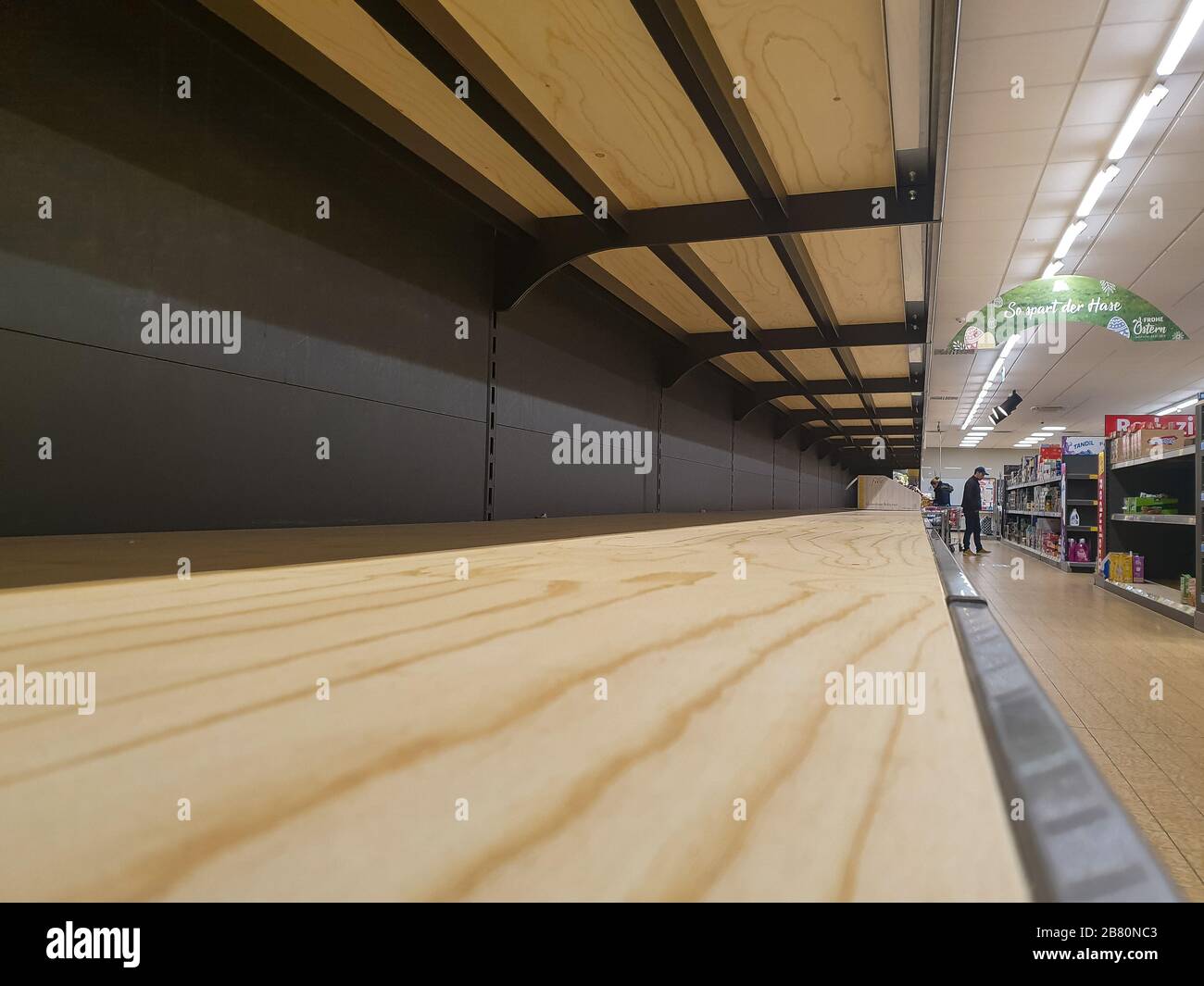 Munich, Germany, 14 of april 2020: Pandemic, panic buying, specifically for toilet paper and pasta, has shelves empty, in all major shops in Munich du Stock Photo