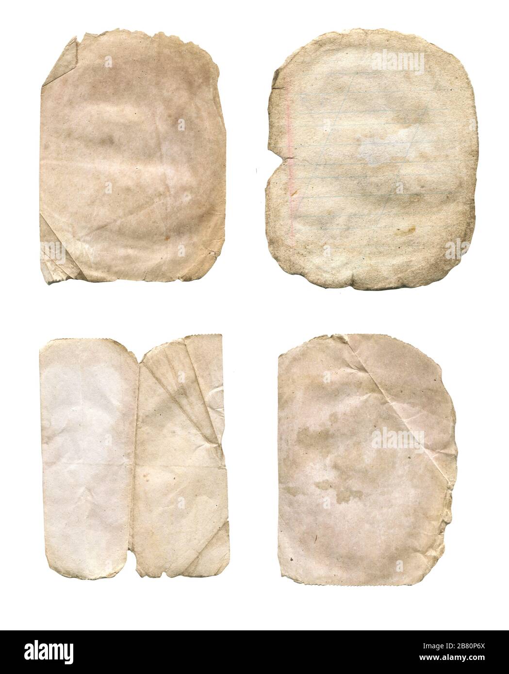 Aged and worn paper set. Old paper sheets isolated on white Stock Photo