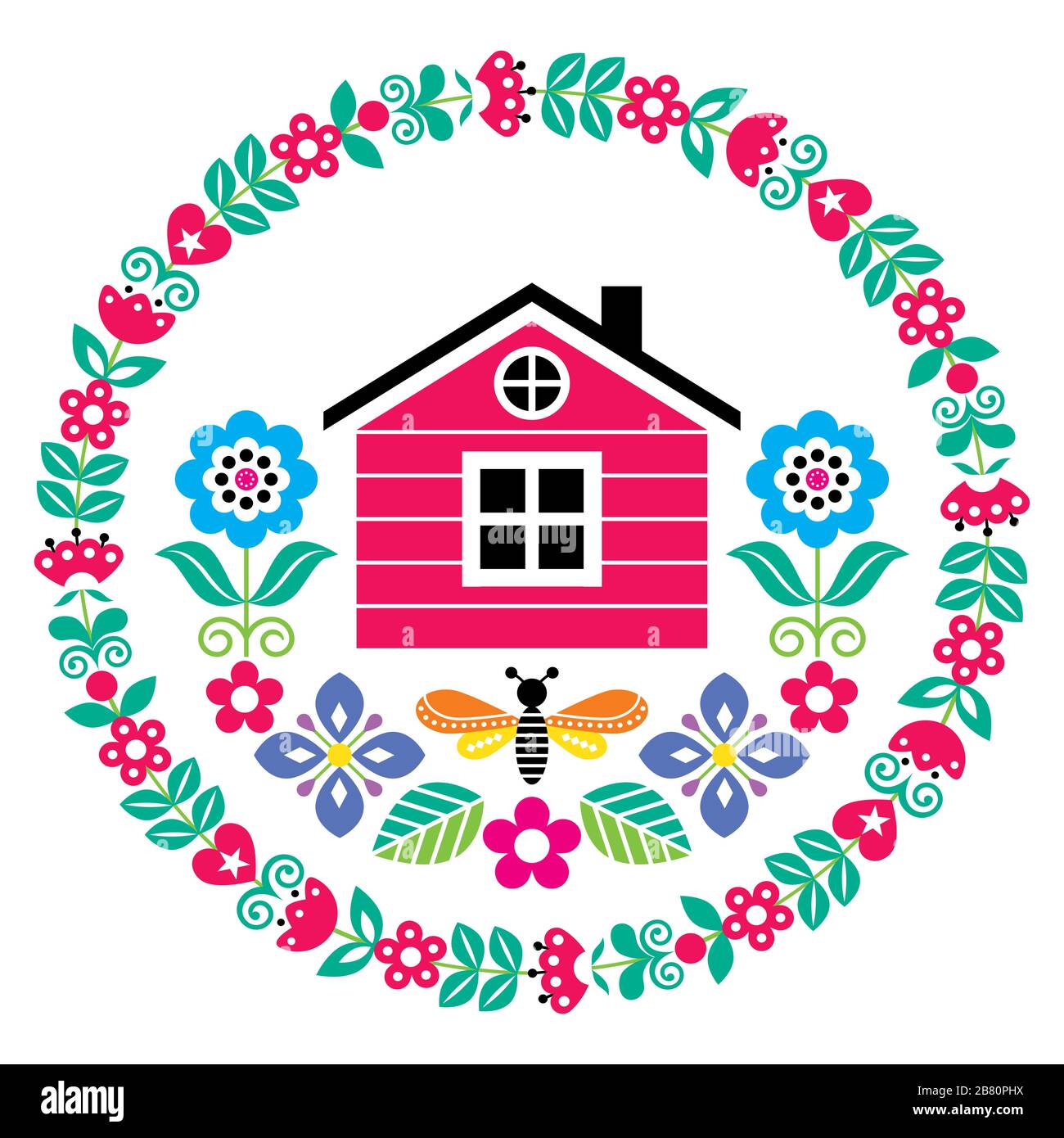 Scandinavian folk art vector cute floral pattern with Finnish or Norwegian house in round frame, greeting card with flowers in red, pink, green, and b Stock Vector