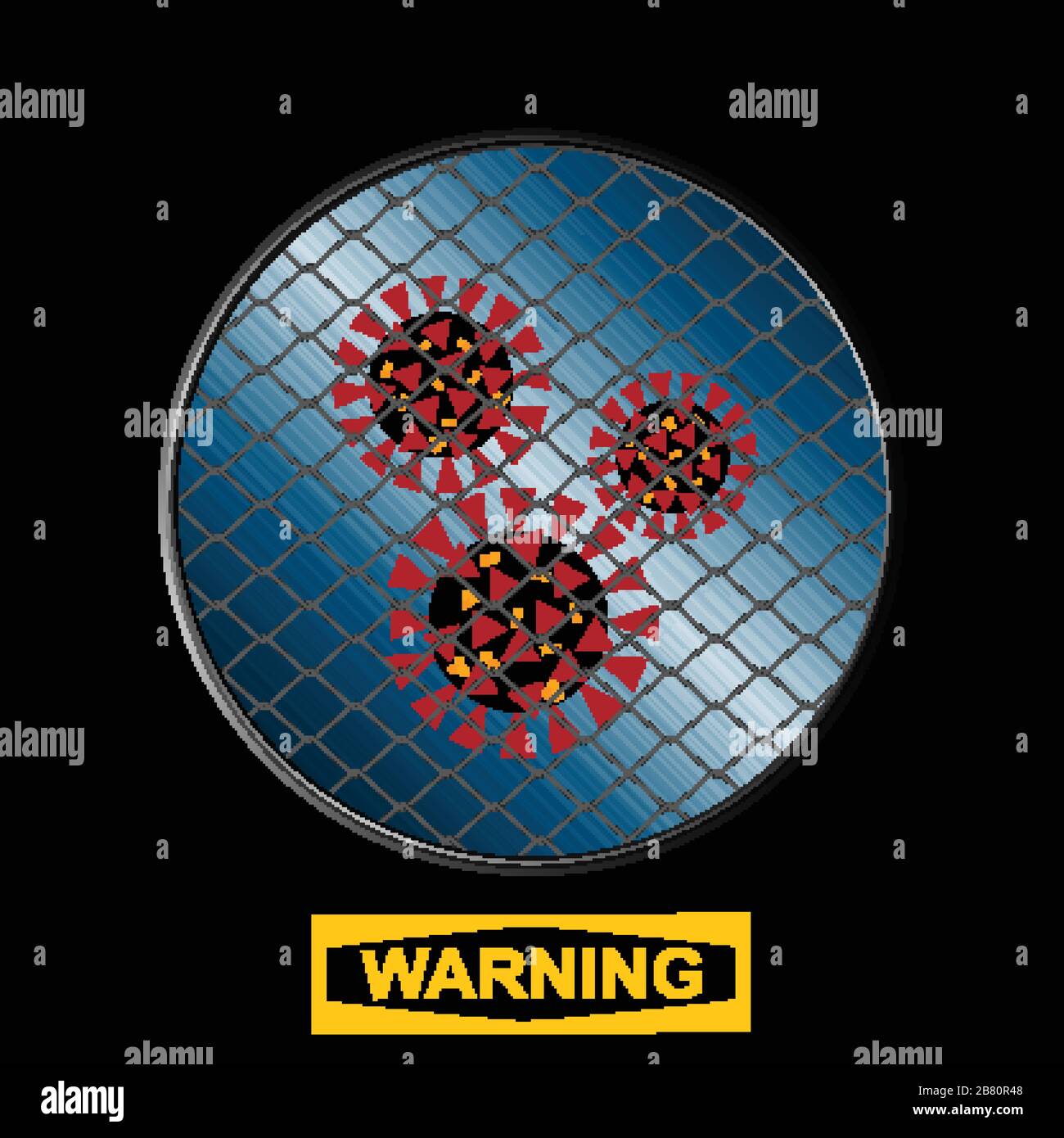 Molecule Of Virus Contained With Metallic Net Inside Circular Border Over Black Background With Yellow Warning Sign Stock Vector
