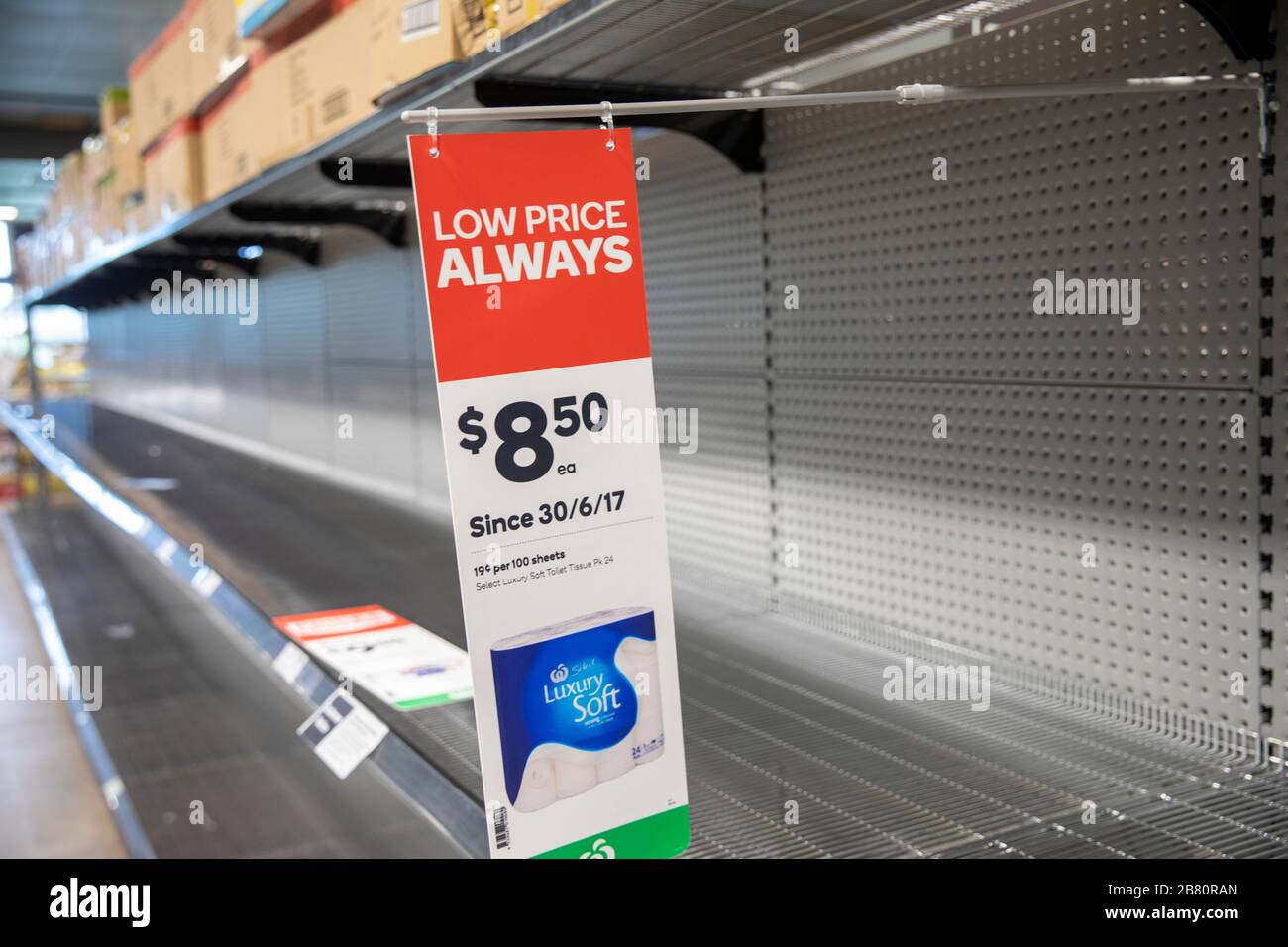 Australia empty supermarket shelves and no toilet paper on the shelves
