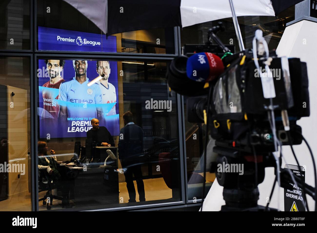 Members Of The Media Wait Outside The Premier League Offices In London Where An Emergency Board Meeting Is Being Held Via Conference Call Stock Photo Alamy