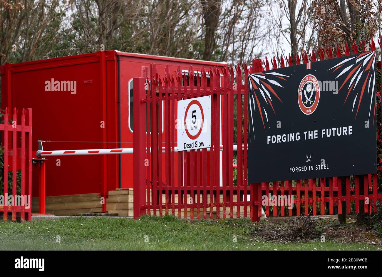 A general view of the gates at Hallam FM Academy, training ground of Sheffield United. Premier League clubs will gather via conference call on Thursday morning to discuss fixtures and finances amid the coronavirus pandemic. Stock Photo
