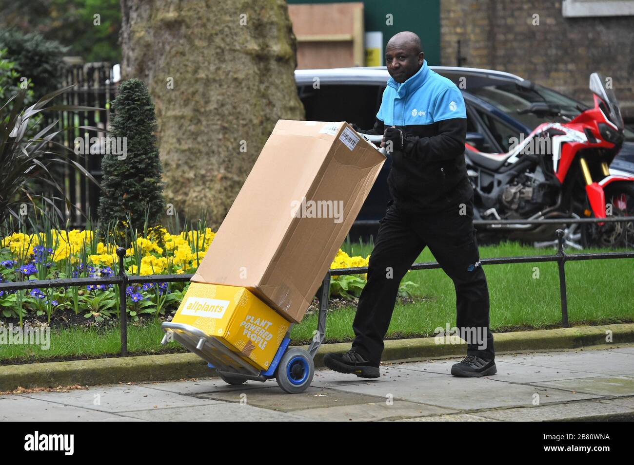 A food delivery is delivered to Downing Street, London. The government is expected to publish an emergency coronavirus powers Bill. Stock Photo