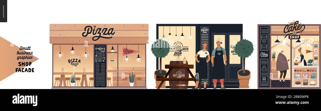 Facades -small business graphics. Modern flat vector concept illustrations -pizza house front, craft beer pub, cake shop. Owners wearing aprons in fro Stock Vector