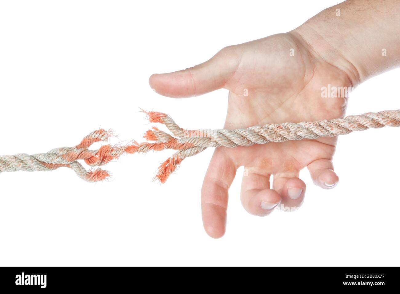 Tapering Off A Rope Man's hand catching torn end of the rope. On a white background Stock ...