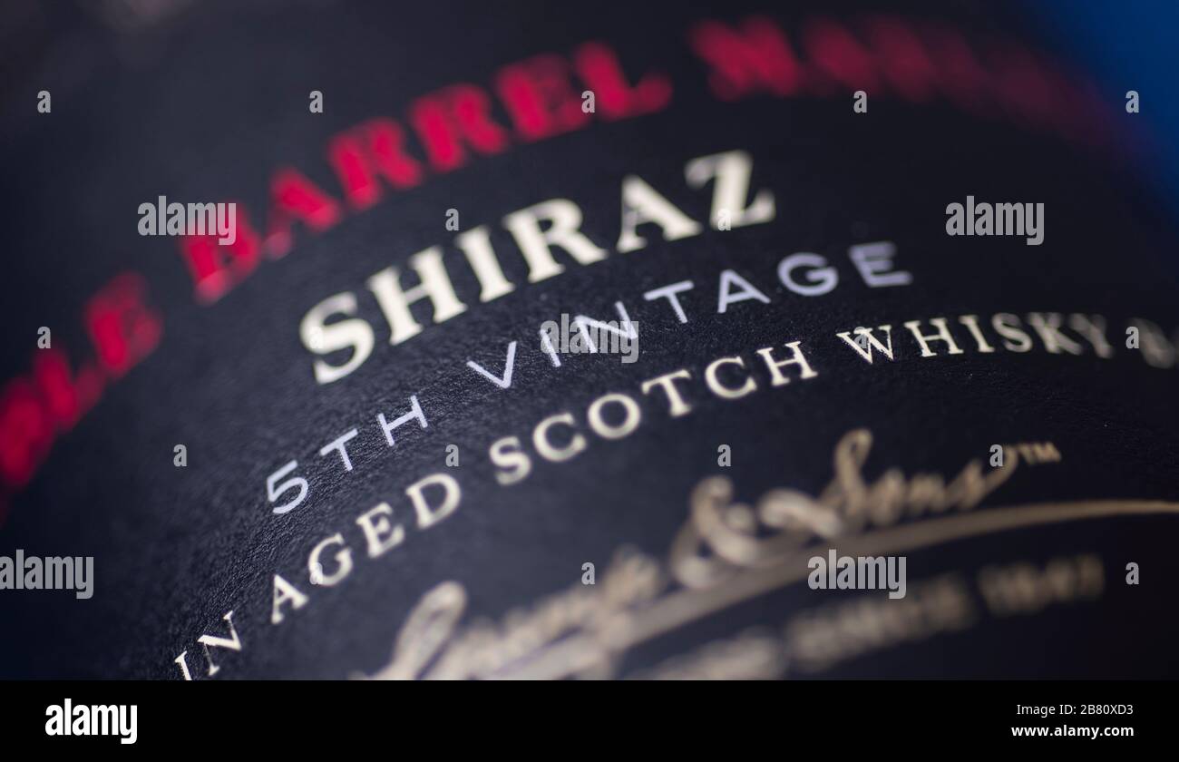 Jacobs Creek Double Barrel Matured Shiraz 5th Vintage aged in Scotch Whisky Barrels, Australian red wine label closeup Stock Photo