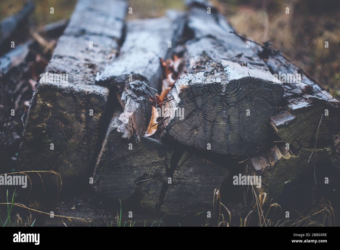 Old wooden decayed and ramshackle railway sleepers stacked up on side of railway line Stock Photo