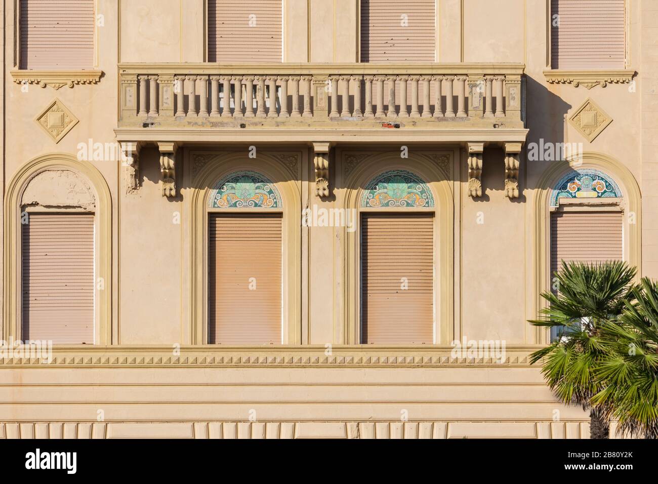 The Grand Hotel Excelsior has a Liberty-Style architectural facade typical in Viareggio, Tuscany, Italy. Stock Photo