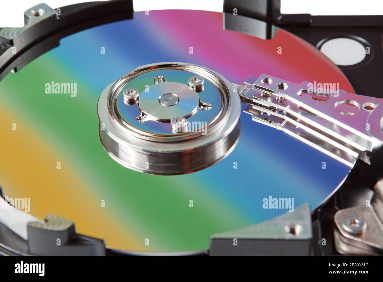 Opened hard drive with a color reflection Stock Photo