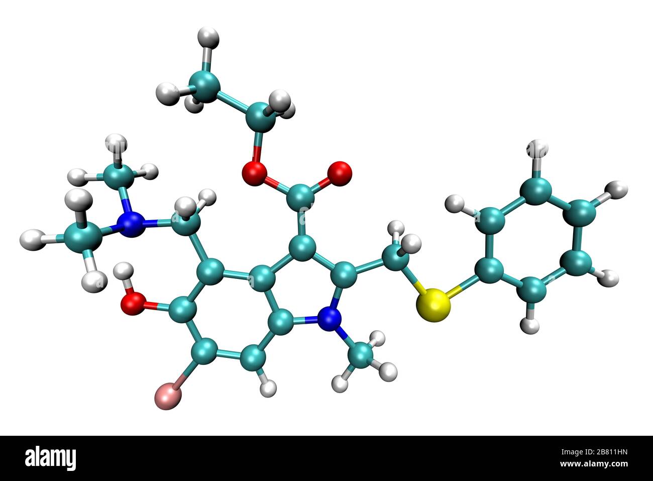 3D structure of antiviral Umifenovir, active against the COVID-19 coronavirus and influenza Stock Photo