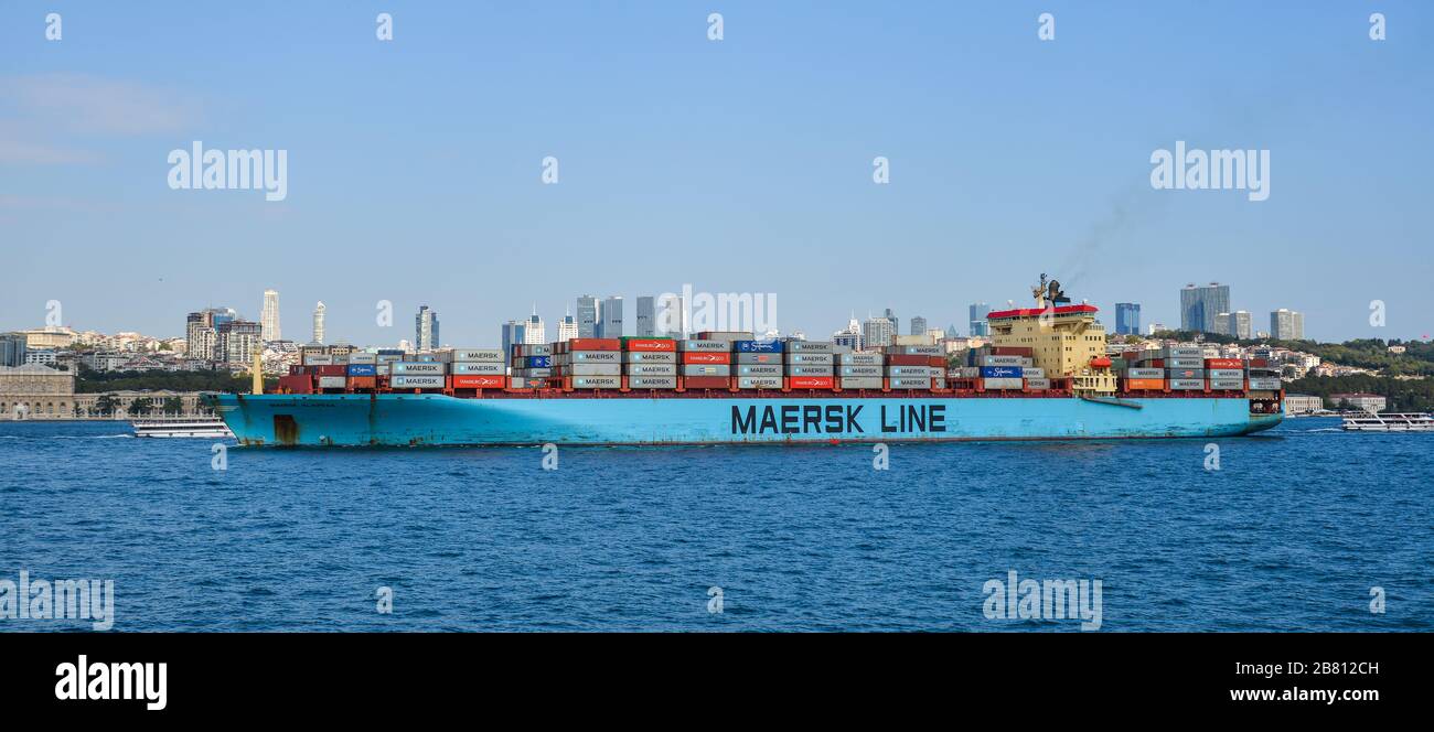Istanbul, Turkey - Sep 28, 2018. Maersk Line cargo ship on Bosphorus Strait in Istanbul, Turkey. Bosphorus strait separates the European part from the Stock Photo