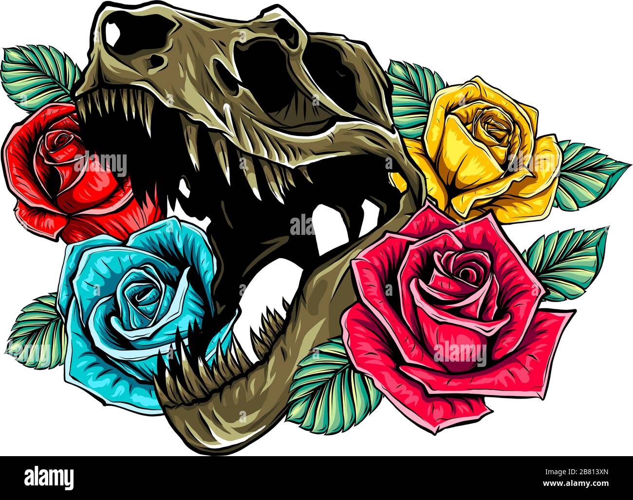 Tyrannosaurus Skull with roses Vector illustration design Tattoo Stock Vector