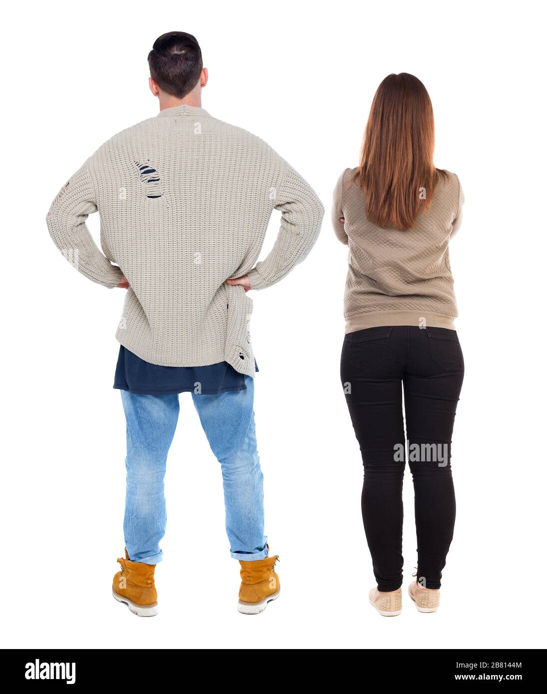 Back view couple in sweater. beautiful man and woman. Rear view people ...
