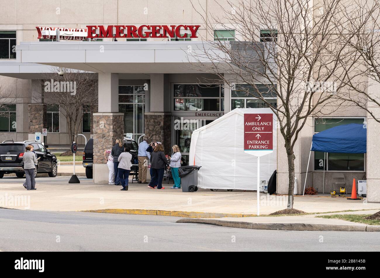Penn State Health Emergency Room Entrance, Tests set up for COVID-19 testing. Stock Photo