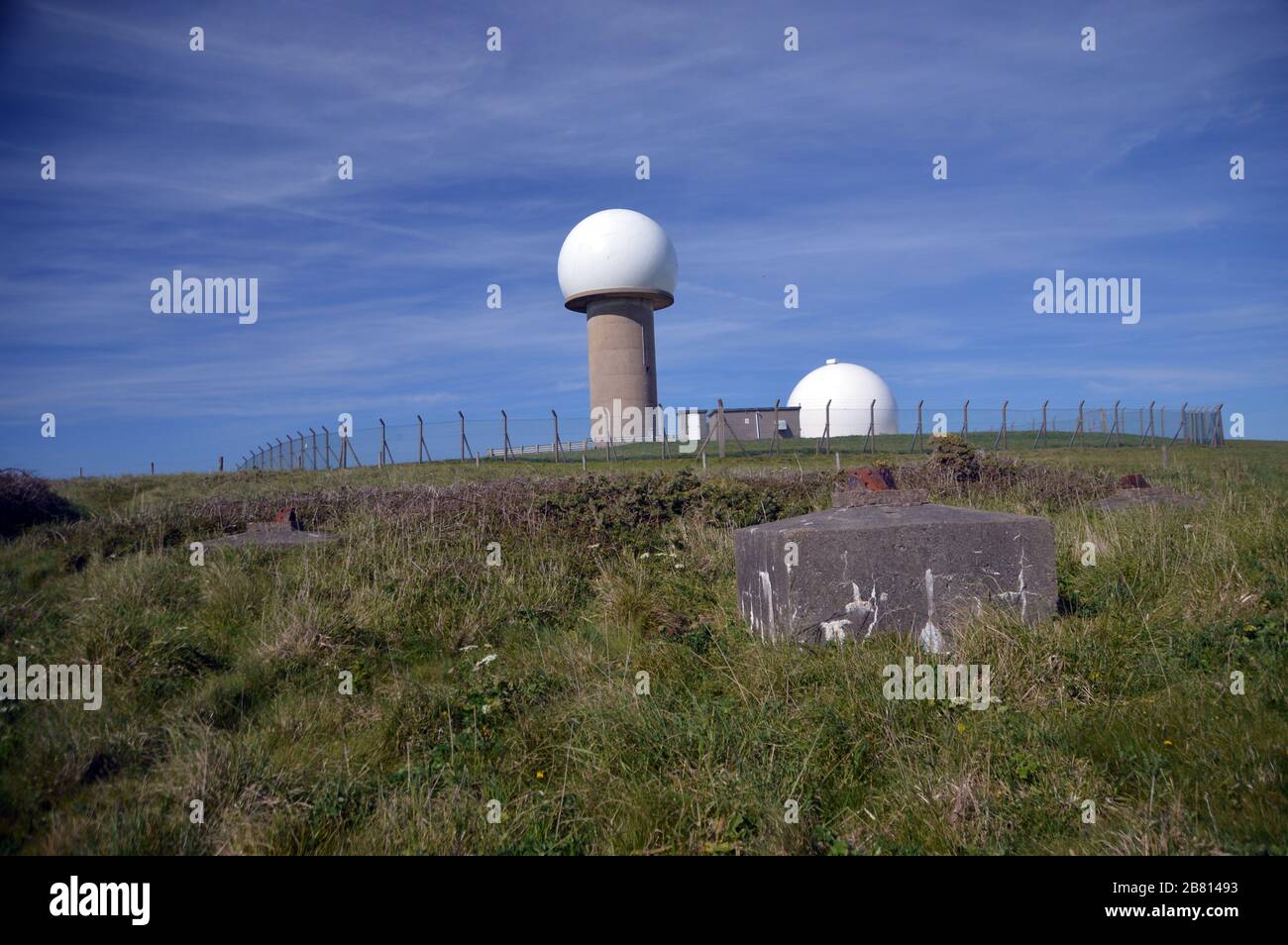 Civil Aviation Authority Air Traffic Control Radar Domes at Hartland Point above Barley Bay on the South West Coastal Path, North Devon, England. Stock Photo