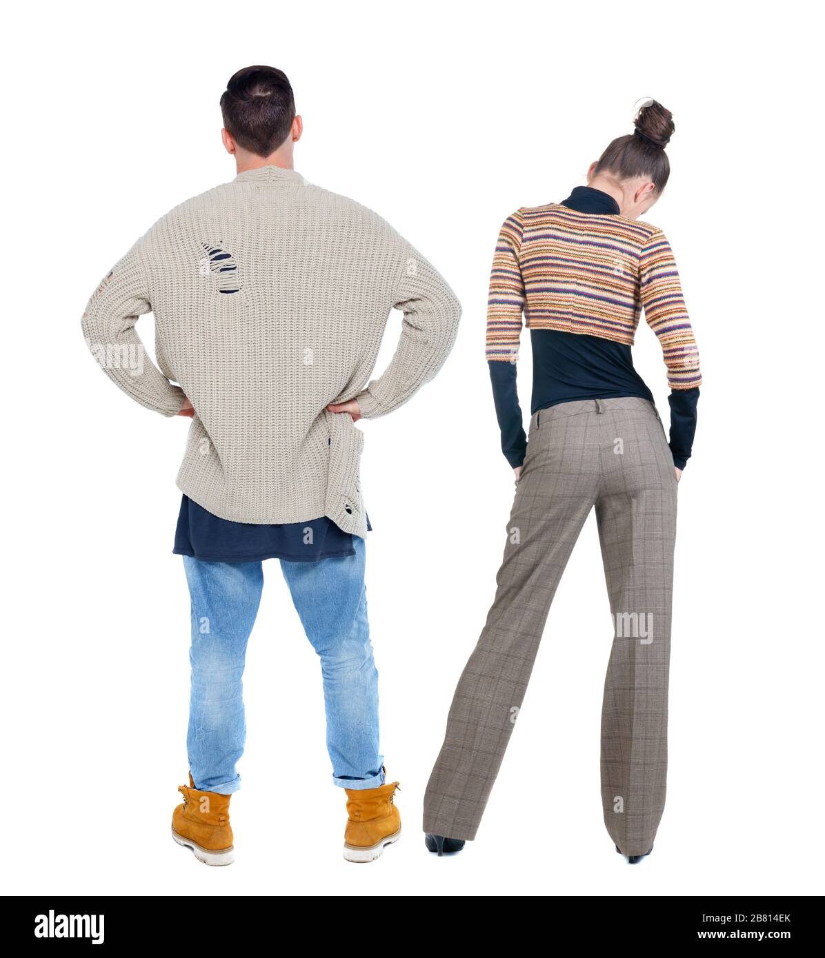 Back view couple in sweater. beautiful man and woman. Rear view people ...