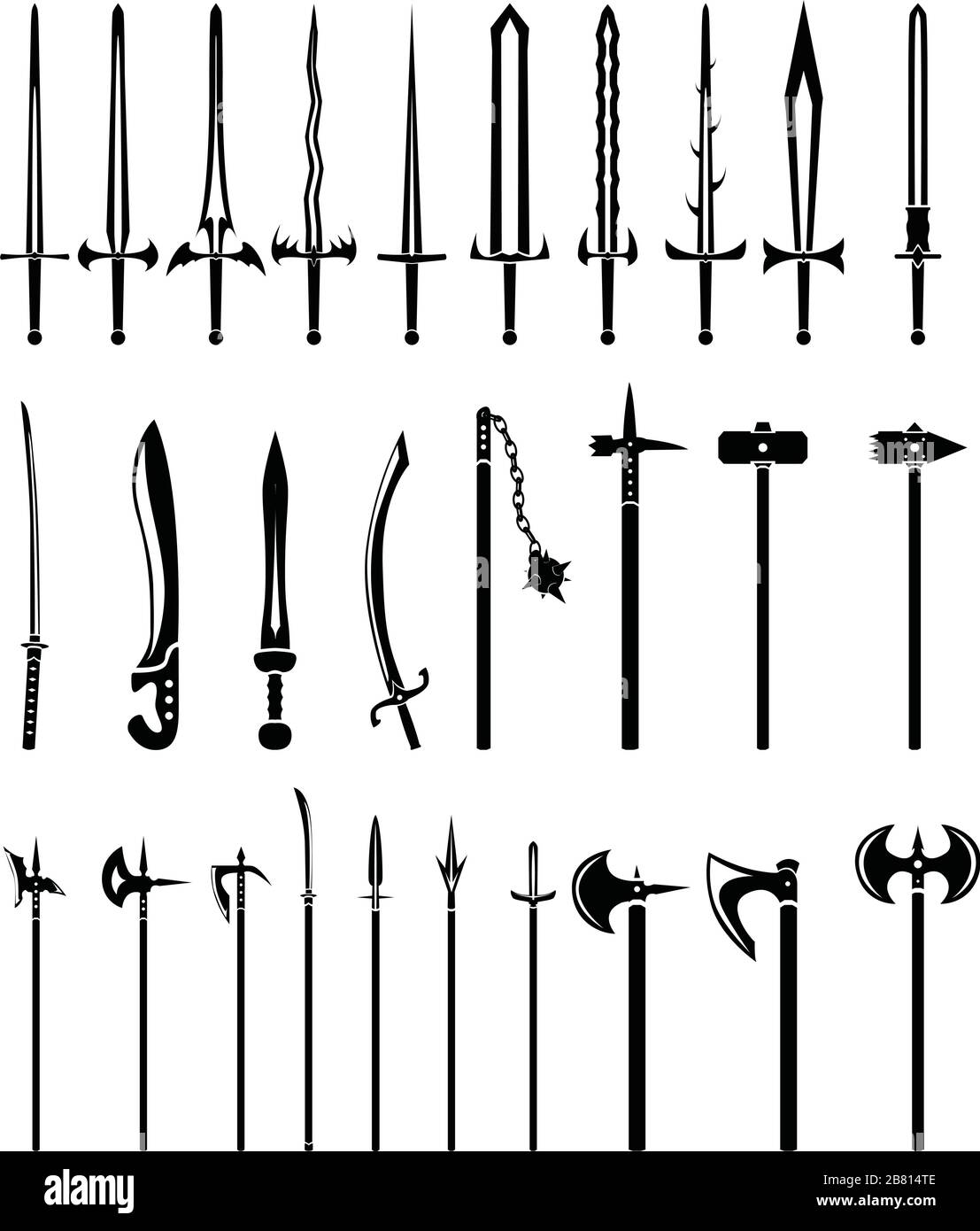 Illustration of melee weapon icons set, both realistic and fantastic, only black, isolated shapes and grouped by weapon. Stock Vector