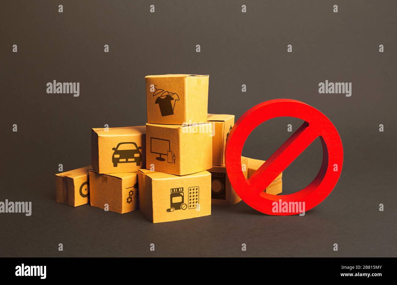 Cardboard boxes and red prohibition symbol NO. Import restriction, ban export goods. Lack of goods, deficit shortage, Out of stock. Embargo sanctions, Stock Photo