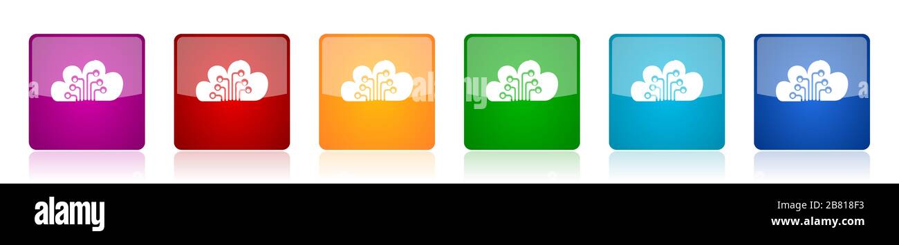 Cloud computing icon set, technology, circuit, data colorful square glossy vector illustrations in 6 options for web design and mobile applications Stock Vector